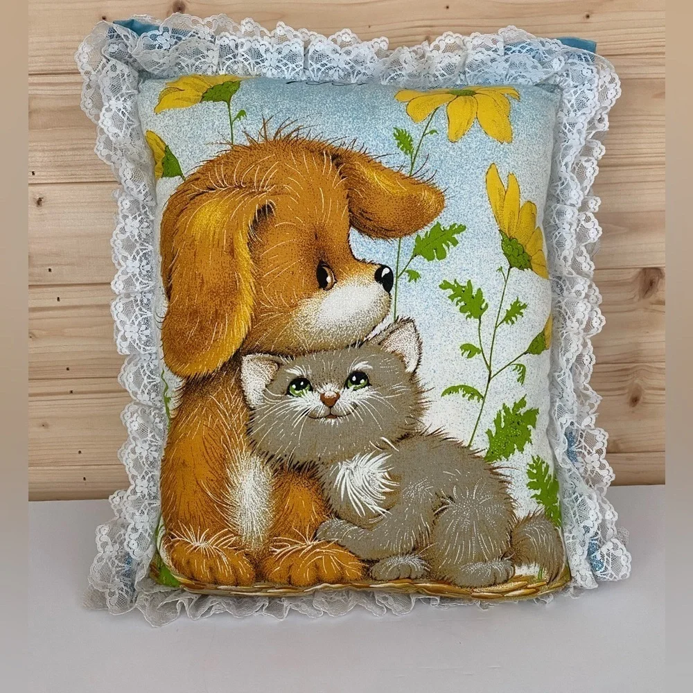 Vintage 1991 Handmade Ruffled Laced Puppy Kitten Calendar Tea Towels Pillow Home